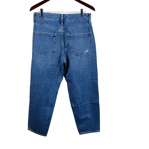 Gap Women's Barrel Leg High Rise Size 28/6R Blue Denim Jeans Distressed - Picture 2 of 5